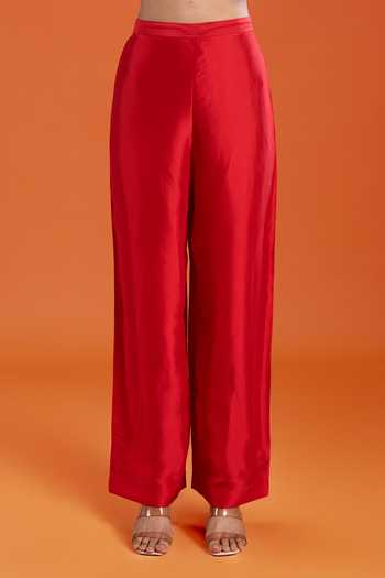 Anamika Khanna_Red Round Neck Embroidered Kurta Pant Set _Online_at_Aza_Fashions