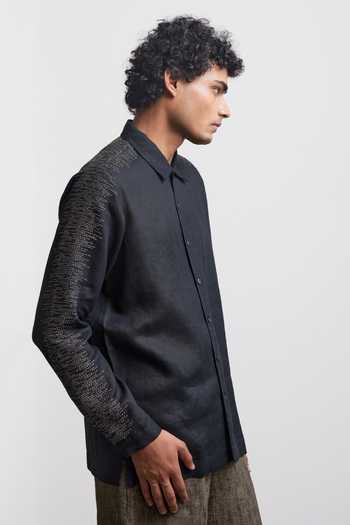 Buy Countrymade Black Linen Shadow Embroidered Shirt Online at Aza Fashions Buy_Countrymade_Black Linen Shadow Embroidered Shirt _Online_at_Aza_Fashions
