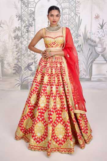 Shyam Narayan Prasad Gold Applique Thread Embroidered Raw Silk Lehenga Set 