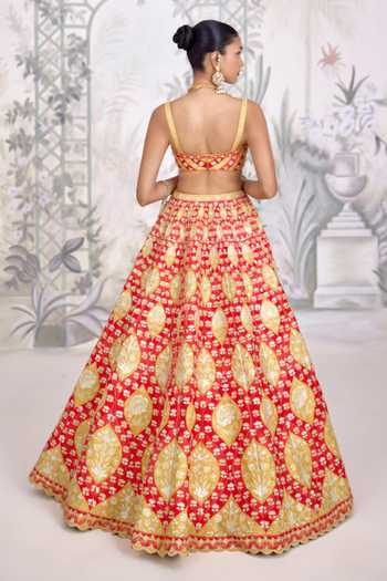 Shyam Narayan Prasad Gold Applique Thread Embroidered Raw Silk Lehenga Set 