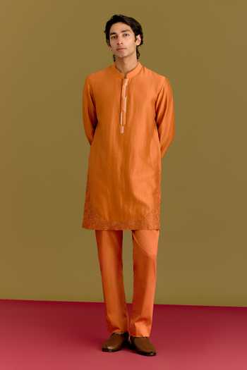 Buy_Devnaagri_Orange Silk, Cotton, Chanderi, Lycra Placed Embroidered Straight Kurta Set 