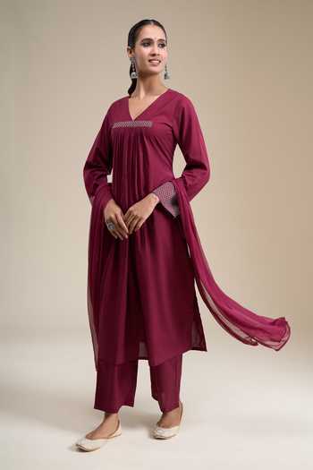 Khwaab By Sanjana Lakhani Wine Cotton V-neck Pleated Front Kurta Set at Aza Fashions Khwaab By Sanjana Lakhani_Wine Cotton V-neck Pleated Front Kurta Set _at_Aza_Fashions