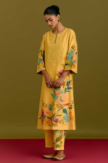 Devnaagri_Yellow , , Chanderi, Split Floral Hand Paint Kurta Set _Online_at_Aza_Fashions