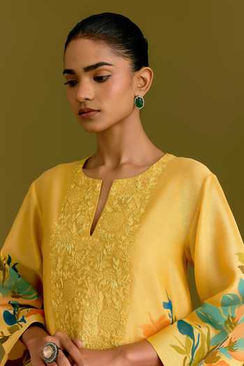 Buy_Devnaagri_Yellow , , Chanderi, Split Floral Hand Paint Kurta Set _Online_at_Aza_Fashions