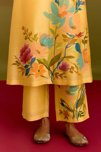 Shop_Devnaagri_Yellow , , Chanderi, Split Floral Hand Paint Kurta Set _Online_at_Aza_Fashions