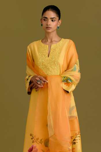 Devnaagri_Yellow , , Chanderi, Split Floral Hand Paint Kurta Set _at_Aza_Fashions