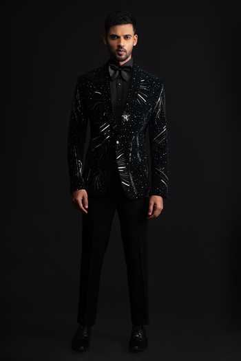 Shop_Sven Suits_Black Velvet Embroidered Blazer Set _Online_at_Aza_Fashions