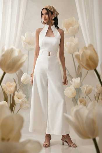 Naintara Bajaj High Collar Jumpsuit & Buckle Belt Set 