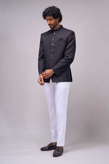 Arihant Rai Sinha_Black Satin Woven Button Down Bandhgala _Online_at_Aza_Fashions