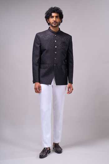 Buy_Arihant Rai Sinha_Black Satin Woven Button Down Bandhgala _Online_at_Aza_Fashions