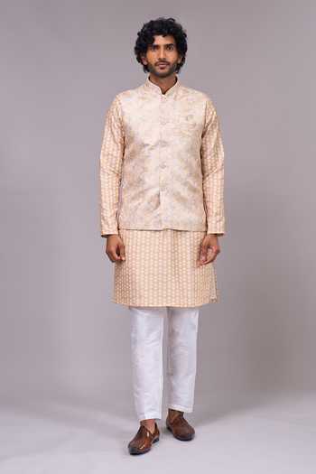 Buy_Arihant Rai Sinha_Gold Silk, Satin, Jacquard Sleeveless Bundi And Kurta Set _Online_at_Aza_Fashions