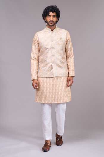 Shop_Arihant Rai Sinha_Gold Silk, Satin, Jacquard Sleeveless Bundi And Kurta Set _Online_at_Aza_Fashions