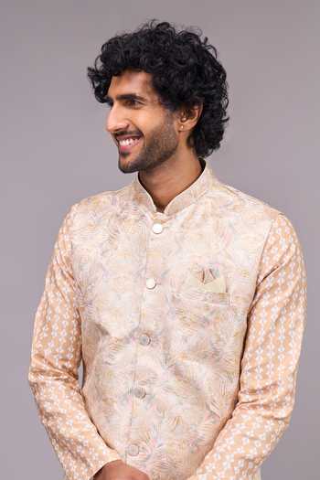 Buy_Arihant Rai Sinha_Gold Silk, Satin, Jacquard Sleeveless Bundi And Kurta Set 