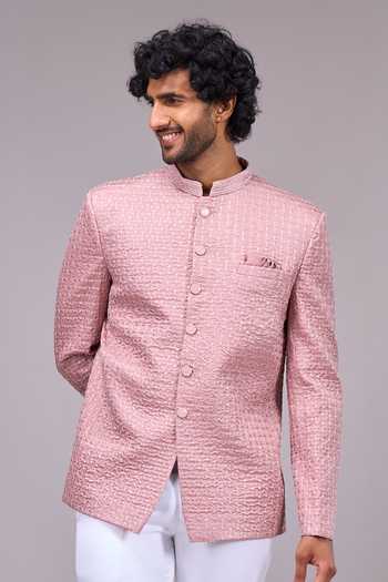 Shop Arihant Rai Sinha Pink Silk, Satin Textured Bandhgala Online at Aza Fashions Shop_Arihant Rai Sinha_Pink Silk, Satin Textured Bandhgala _Online_at_Aza_Fashions