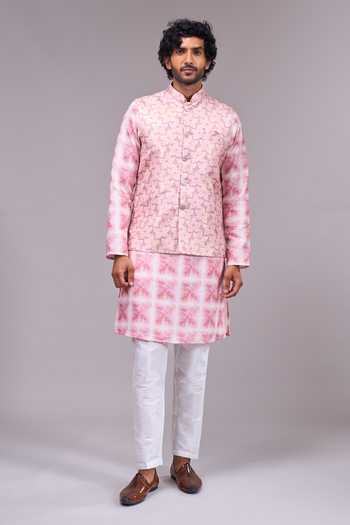Shop Arihant Rai Sinha Pink Silk, Satin, Jacquard Embroidery Bundi And Full Sleeves Kurta Set Online at Aza Fashions Shop_Arihant Rai Sinha_Pink Silk, Satin, Jacquard Embroidery Bundi And Full Sleeves Kurta Set _Online_at_Aza_Fashions