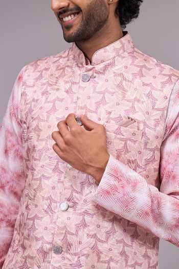Arihant Rai Sinha Pink Silk, Satin, Jacquard Embroidery Bundi And Full Sleeves Kurta Set at Aza Fashions Arihant Rai Sinha_Pink Silk, Satin, Jacquard Embroidery Bundi And Full Sleeves Kurta Set _at_Aza_Fashions