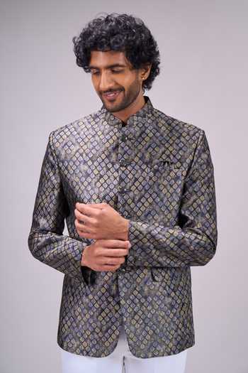 Arihant Rai Sinha Black Satin, Jacquard Bandhgala Online at Aza Fashions Arihant Rai Sinha_Black Satin, Jacquard Bandhgala _Online_at_Aza_Fashions
