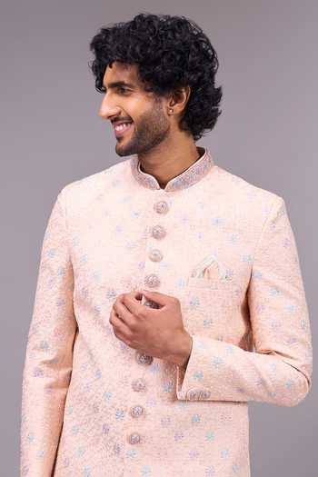 Buy_Arihant Rai Sinha_Peach Silk, Dupion Embroidered Sherwani And Pant Set _Online_at_Aza_Fashions