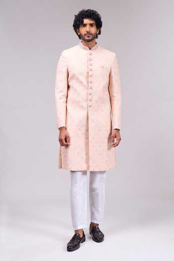 Shop_Arihant Rai Sinha_Peach Silk, Dupion Embroidered Sherwani And Pant Set _Online_at_Aza_Fashions