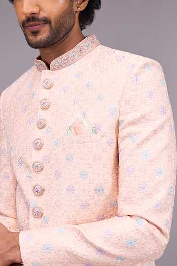 Arihant Rai Sinha_Peach Silk, Dupion Embroidered Sherwani And Pant Set _at_Aza_Fashions