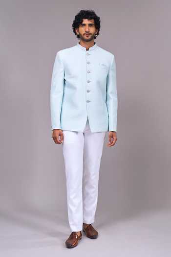 Shop Arihant Rai Sinha Blue Silk, Satin Ice Bandhgala Online at Aza Fashions Shop_Arihant Rai Sinha_Blue Silk, Satin Ice Bandhgala _Online_at_Aza_Fashions