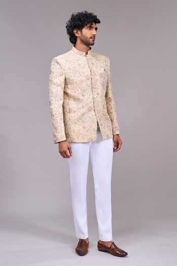Shop Arihant Rai Sinha Beige Satin Button Down Bandhgala Shop_Arihant Rai Sinha_Beige Satin Button Down Bandhgala