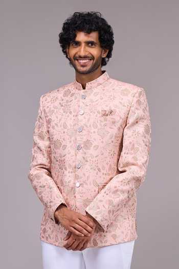 Shop Arihant Rai Sinha Pink Zari Floral Pattern Bandhgala Online at Aza Fashions Shop_Arihant Rai Sinha_Pink Zari Floral Pattern Bandhgala _Online_at_Aza_Fashions