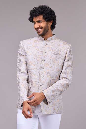 Arihant Rai Sinha Ivory Satin Embroidery, Zari Floral Pattern Bandhgala Online at Aza Fashions Arihant Rai Sinha_Ivory Satin Embroidery, Zari Floral Pattern Bandhgala _Online_at_Aza_Fashions