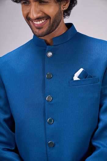 Arihant Rai Sinha Teal Satin Woven Bandhgala Set Online at Aza Fashions Arihant Rai Sinha_Teal Satin Woven Bandhgala Set _Online_at_Aza_Fashions