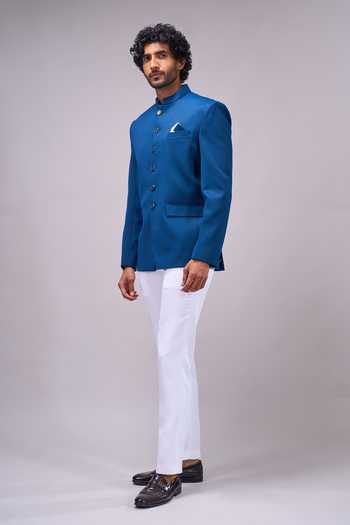 Buy Arihant Rai Sinha Teal Satin Woven Bandhgala Set Online at Aza Fashions Buy_Arihant Rai Sinha_Teal Satin Woven Bandhgala Set _Online_at_Aza_Fashions