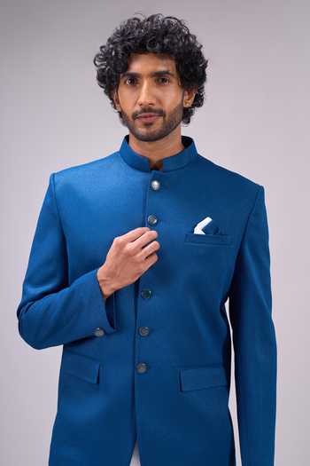 Shop Arihant Rai Sinha Teal Satin Woven Bandhgala Set Online at Aza Fashions Shop_Arihant Rai Sinha_Teal Satin Woven Bandhgala Set _Online_at_Aza_Fashions