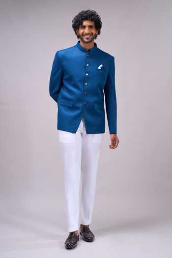 Buy Arihant Rai Sinha Teal Satin Woven Bandhgala Set Buy_Arihant Rai Sinha_Teal Satin Woven Bandhgala Set