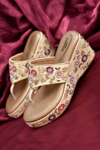 Around Always_Gold Tarini Embroidered Wedges _Online_at_Aza_Fashions