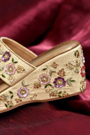 Buy_Around Always_Gold Tarini Embroidered Wedges _Online_at_Aza_Fashions