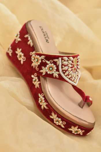 Around Always_Maroon Falguni Zardozi Embroidered Wedges _Online_at_Aza_Fashions