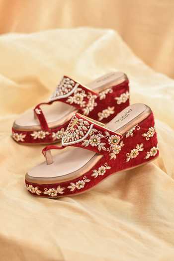 Buy_Around Always_Maroon Falguni Zardozi Embroidered Wedges _Online_at_Aza_Fashions