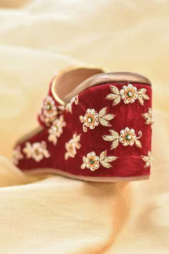 Shop_Around Always_Maroon Falguni Zardozi Embroidered Wedges _Online_at_Aza_Fashions