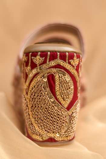 Buy_Around Always_Red Evara Embroidered Platform Wedges _Online_at_Aza_Fashions