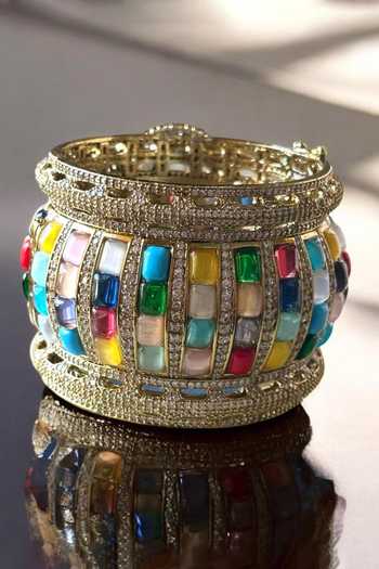 Amaara Jewels_Gold Plated Opulent Gem Embellished Cuff _Online_at_Aza_Fashions