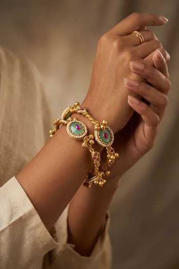 Chaotiq By Arti Single Line Emerald Stone Bangles - Set of 2 
