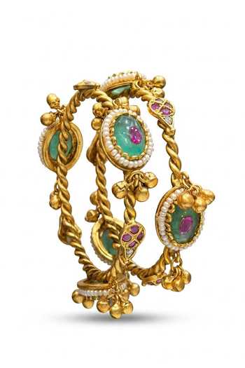 Chaotiq By Arti Single Line Emerald Stone Bangles - Set of 2 