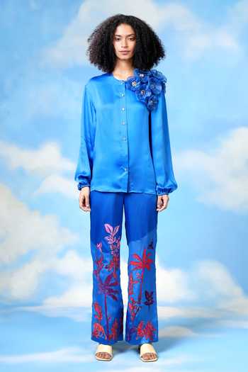 Buy_Shilpi Gupta_Blue Velvet, Satin Embroidery, Cut Work Floral Patchwork Pant _Online_at_Aza_Fashions