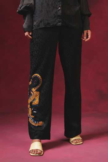 Shilpi Gupta_Black Viscose, Jacquard Sequins, Embroidery Geometric Woven Pant _Online_at_Aza_Fashions