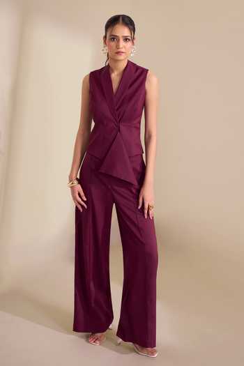 Shop_Naintara Bajaj_Wine Lycra Shawl Neck Structured Asymmetric Waistcoat And Trouser Set 