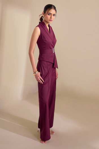 Buy_Naintara Bajaj_Wine Lycra Shawl Neck Structured Asymmetric Waistcoat And Trouser Set 