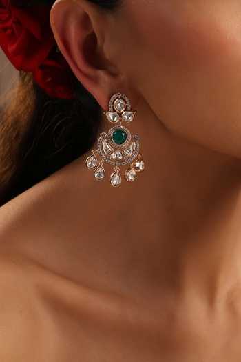 Swabhimann_Green Polki Chandbali Earrings _Online_at_Aza_Fashions