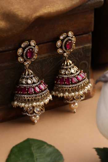 Swabhimann_Red Polki Jhumka Earrings _Online_at_Aza_Fashions