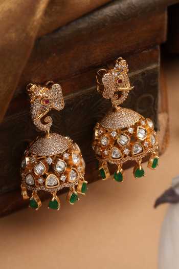 Swabhimann_Green Polki Jhumka Earrings _Online_at_Aza_Fashions