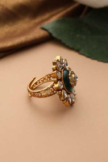 Swabhimann_Green Polki Adjustable Ring _Online_at_Aza_Fashions