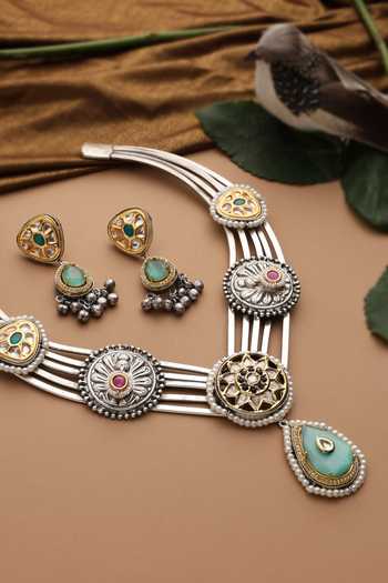 Swabhimann_Multi Color Polki Hasli Necklace Set _Online_at_Aza_Fashions